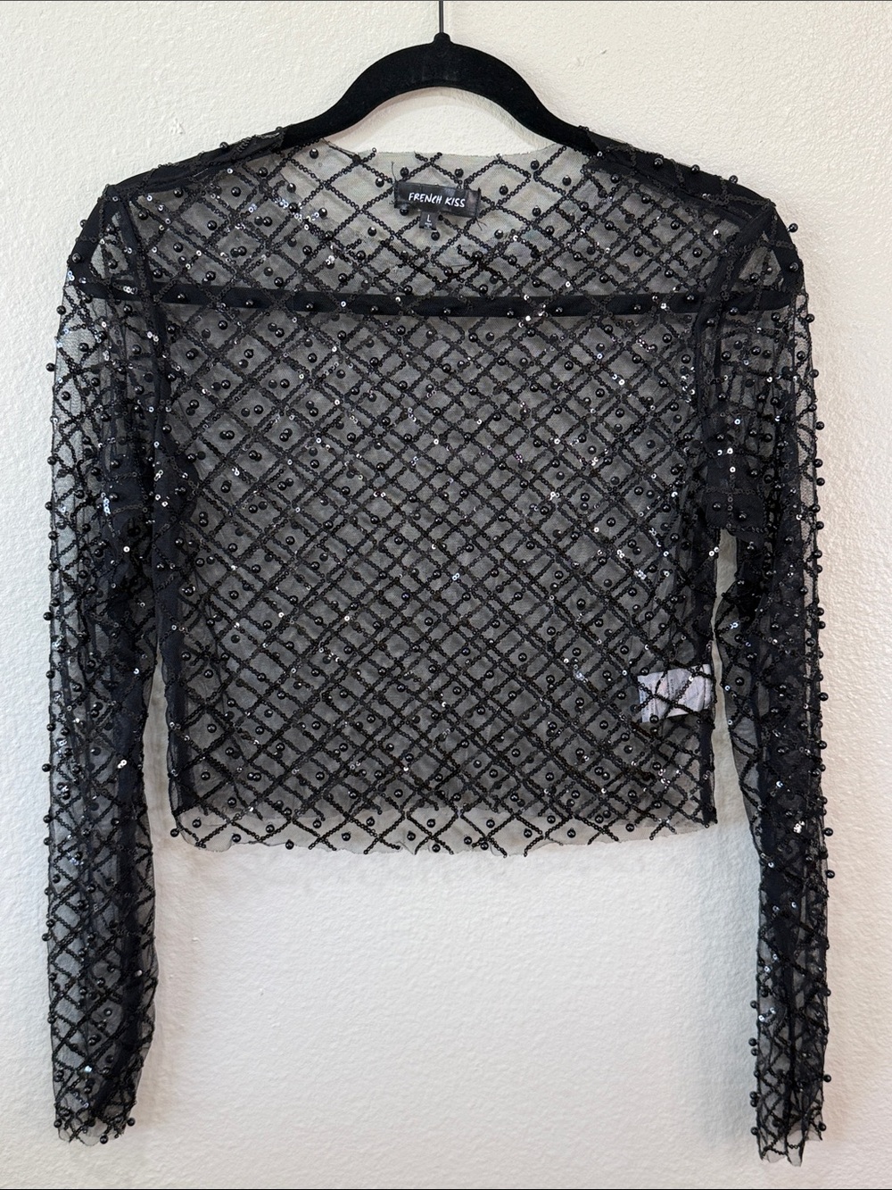 French Kiss‎ Black Beaded Sheer Long-Sleeve Crop Top Size Large